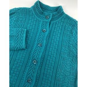 LL Bean Sweater Womens Medium Teal Cardigan Basket Weave 3D Knit Cable Fisherman